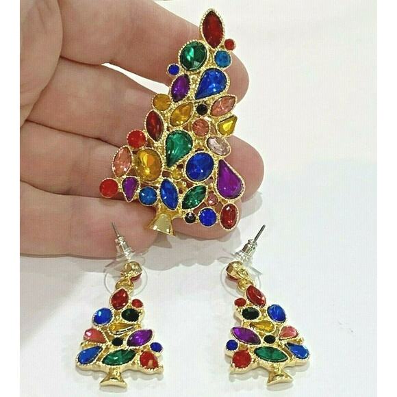 Rhinestone Christmas Tree Jewelry Set Brooch & Pierced Earrings Gold Multicolor - Picture 5 of 6